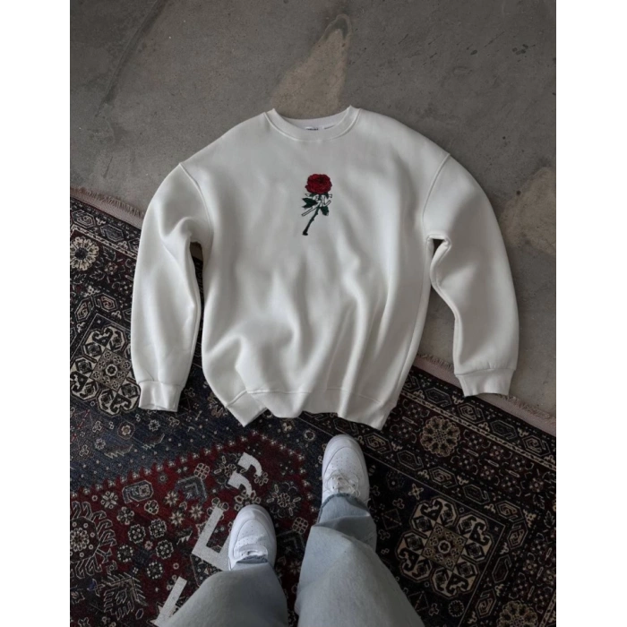 Biçomi Unisex Bisiklet Yaka Ön Ve Arka Baskılı SweatShirt - Beyaz