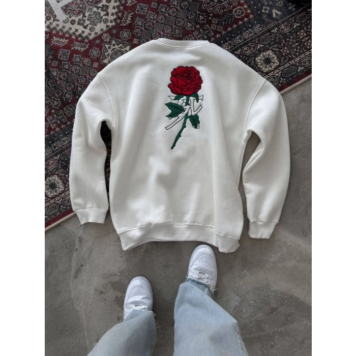Biçomi Unisex Bisiklet Yaka Ön Ve Arka Baskılı SweatShirt - Beyaz