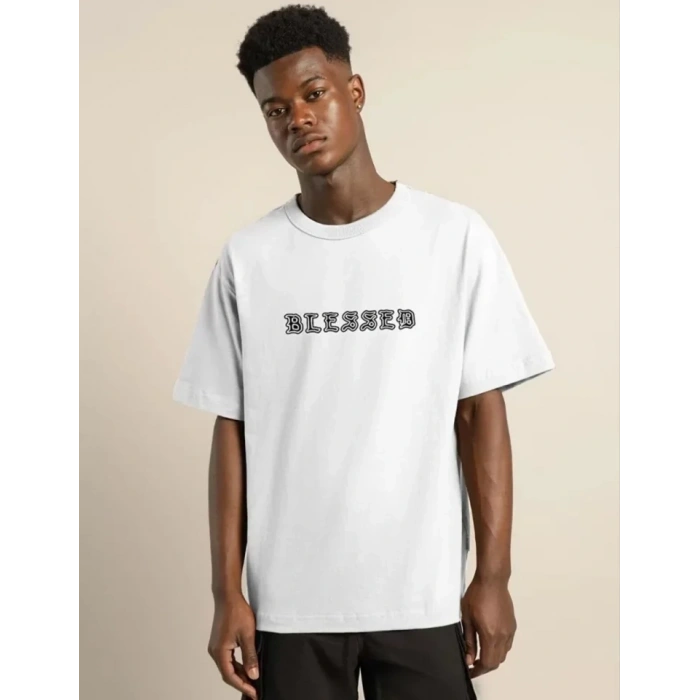 Biçomi Unisex Bisiklet Yaka Oversize Baskılı T-Shirt - Beyaz
