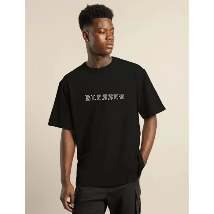 Biçomi Unisex Bisiklet Yaka Oversize Baskılı T-Shirt - Siyah