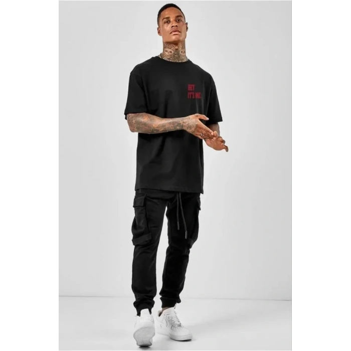 Biçomi Unisex Bisiklet Yaka Oversize Baskılı T-Shirt - Siyah