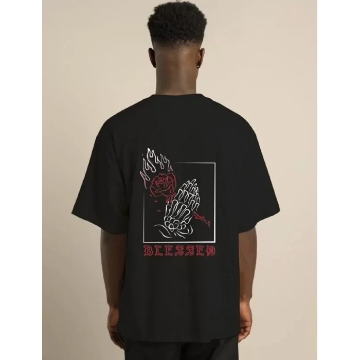 Biçomi Unisex Bisiklet Yaka Oversize Baskılı T-Shirt - Siyah