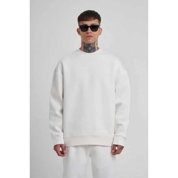 Biçomi Unisex Biskilet Yaka Üç İplik SweatShirt - Beyaz