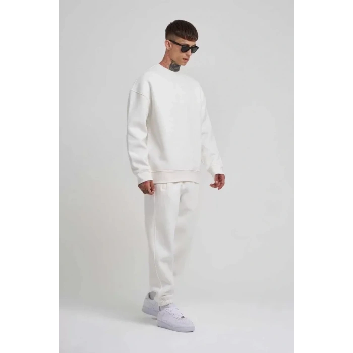 Biçomi Unisex Biskilet Yaka Üç İplik SweatShirt - Beyaz