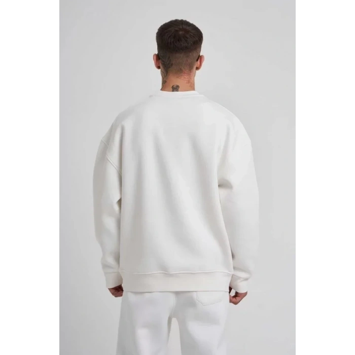 Biçomi Unisex Biskilet Yaka Üç İplik SweatShirt - Beyaz