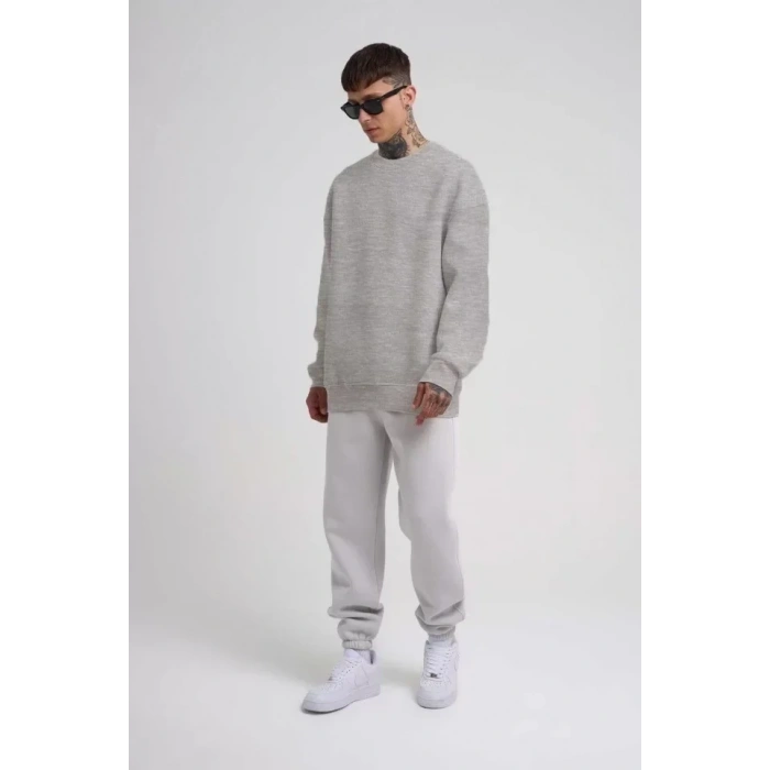 Biçomi Unisex Biskilet Yaka Üç İplik SweatShirt - Gri