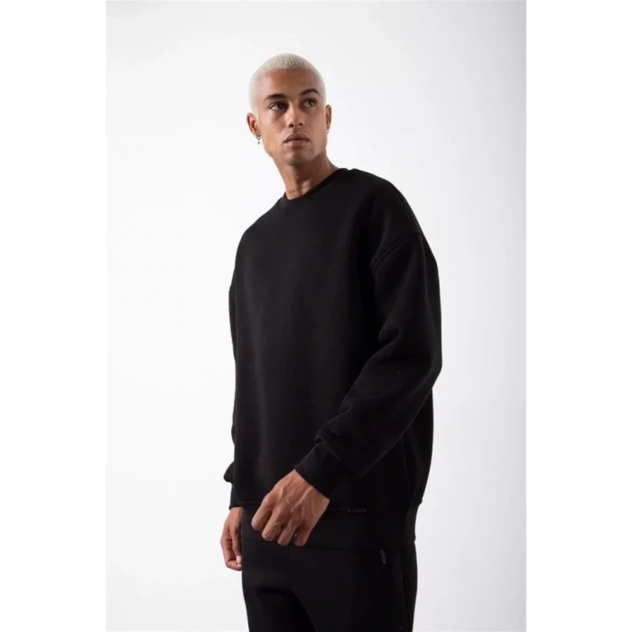 Biçomi Unisex Biskilet Yaka Üç İplik SweatShirt - Siyah
