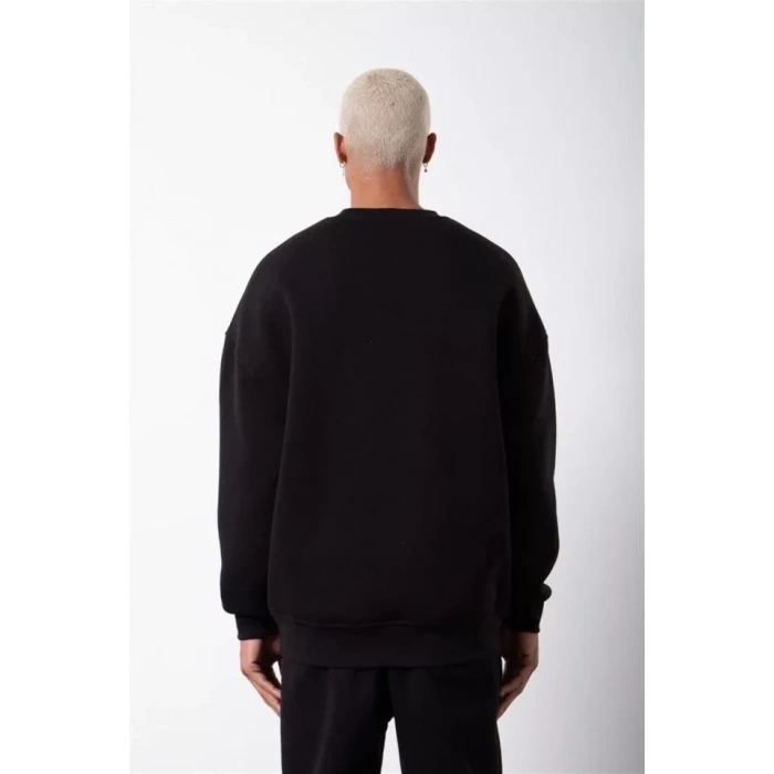 Biçomi Unisex Biskilet Yaka Üç İplik SweatShirt - Siyah