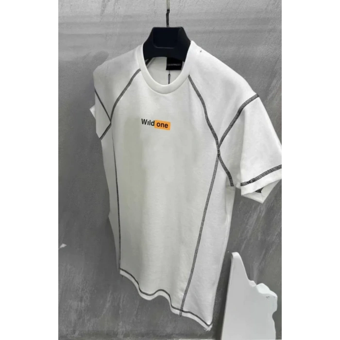 Biçomi Unisex Dikişli Baskılı Oversize T-Shirt - Beyaz