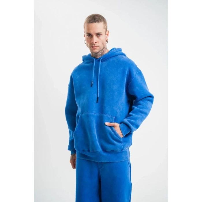 Biçomi Unisex Double Oversize Kapşonlu Yıkamalı SweatShirt - Mavi