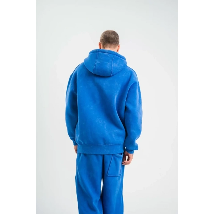 Biçomi Unisex Double Oversize Kapşonlu Yıkamalı SweatShirt - Mavi