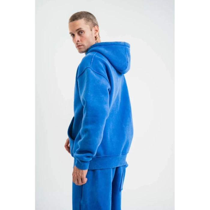 Biçomi Unisex Double Oversize Kapşonlu Yıkamalı SweatShirt - Mavi