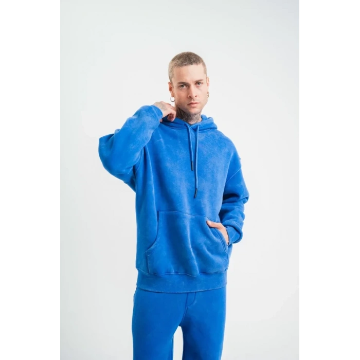 Biçomi Unisex Double Oversize Kapşonlu Yıkamalı SweatShirt - Mavi