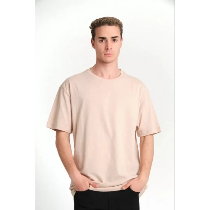 Biçomi Unisex Düz Biskilet Yaka Oversize T-shirt - Bej