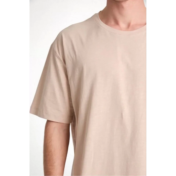 Biçomi Unisex Düz Biskilet Yaka Oversize T-shirt - Bej