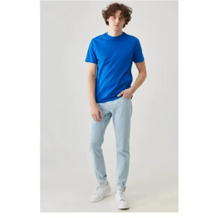 Biçomi Unisex Düz Biskilet Yaka Oversize T-shirt - Mavi