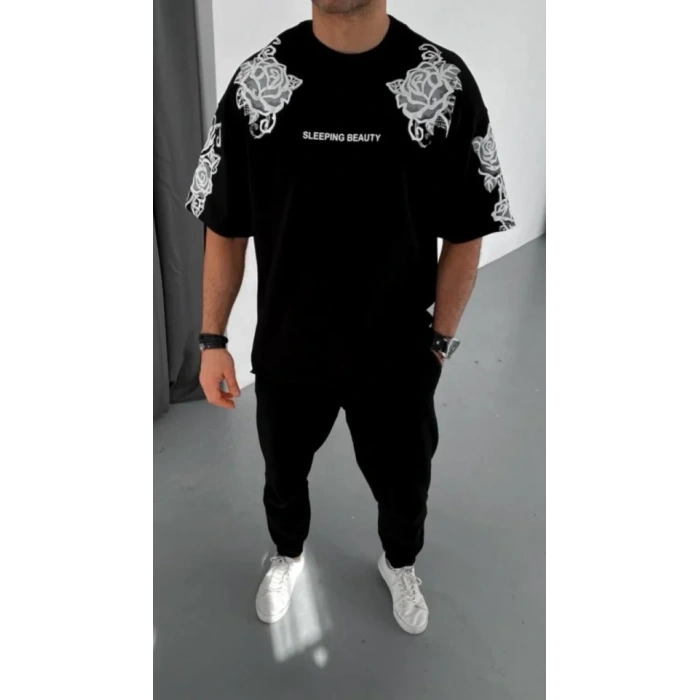 Biçomi Unisex Flok Kabartma Baskılı T-Shirt - Siyah