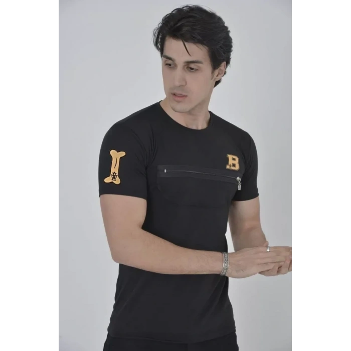 Biçomi Unisex Göğüs Fermuarlı Baskılı T-Shirt - Siyah