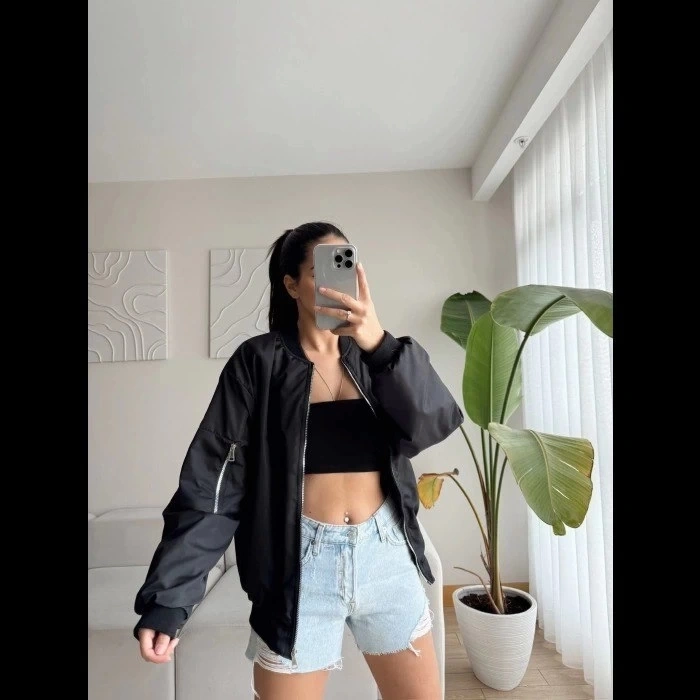 Biçomi Unisex İçi Astarlı Düz Bomber Ceket - Siyah