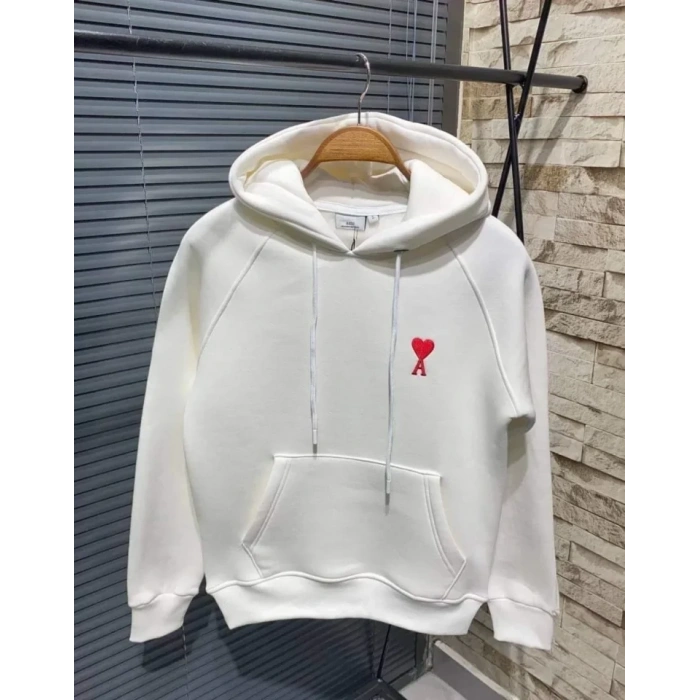 Biçomi Unisex Kapşonlu Baskılı Sweetshirt - Beyaz