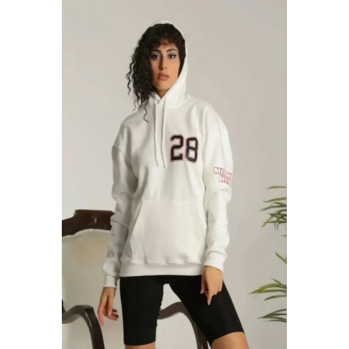 Biçomi Unisex Kapşonlu Baskılı Sweetshirt - Beyaz