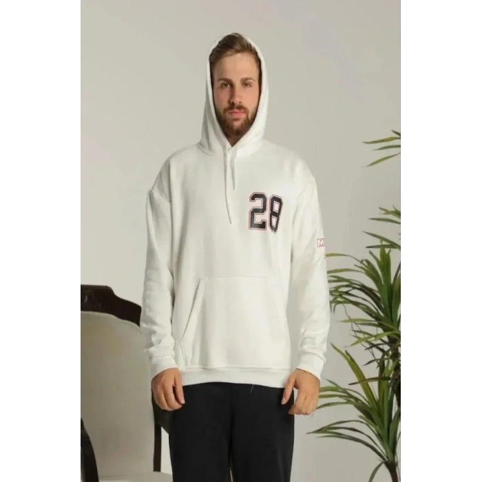 Biçomi Unisex Kapşonlu Baskılı Sweetshirt - Beyaz