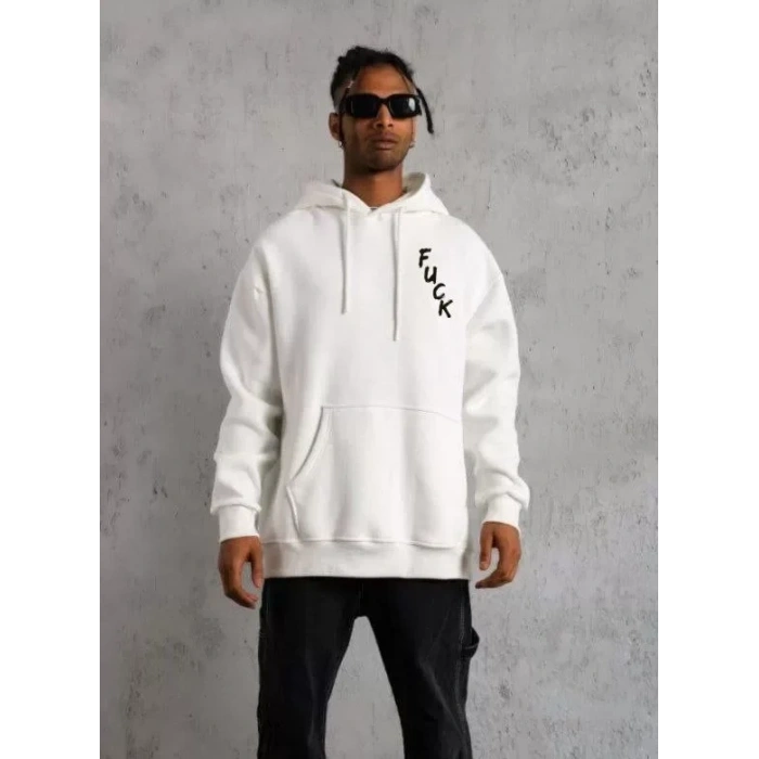 Biçomi Unisex Kapşonlu Uzun Kol Baskılı Sweetshirt - Beyaz