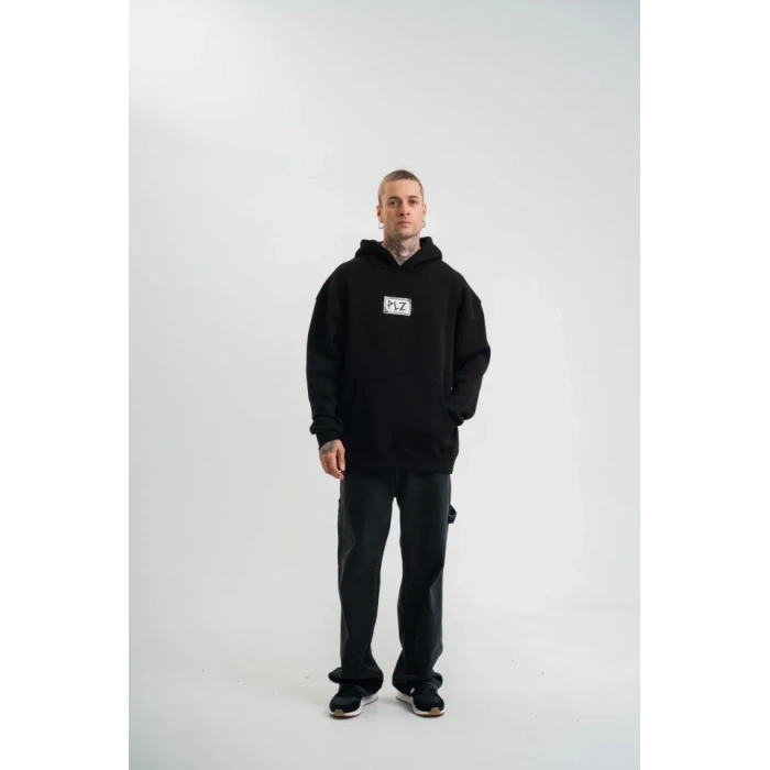 Biçomi Unisex Kapşonlu Uzun Kol Patchli Nakışlı SweatShirt - Siyah