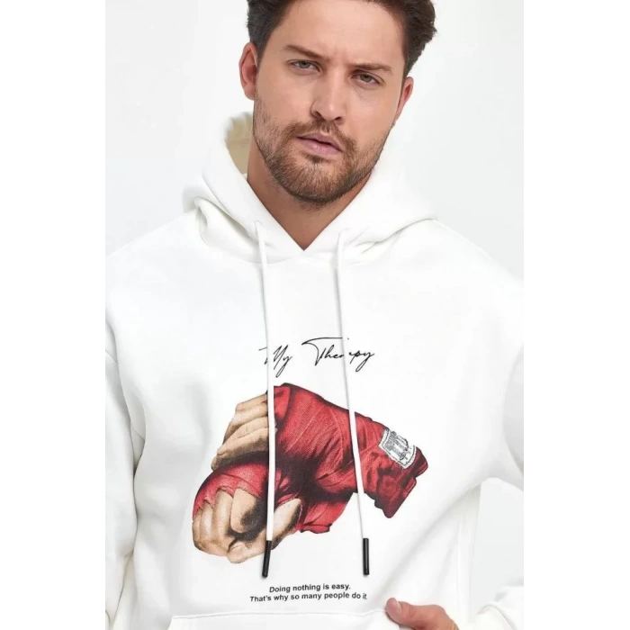 Biçomi Unisex Kapüşonlu Üç İplik Oversize Baskılı Sweatshirt - Beyaz