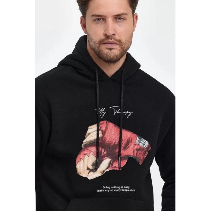 Biçomi Unisex Kapüşonlu Üç İplik Oversize Baskılı Sweatshirt - Siyah