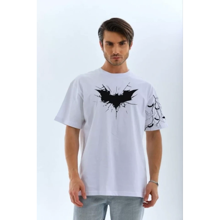 Biçomi Unisex Ön Ve Kol Baskılı Oversize T-shirt - Beyaz