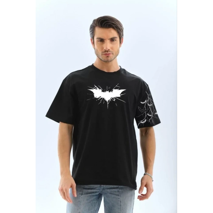 Biçomi Unisex Ön Ve Kol Baskılı Oversize T-shirt - Siyah