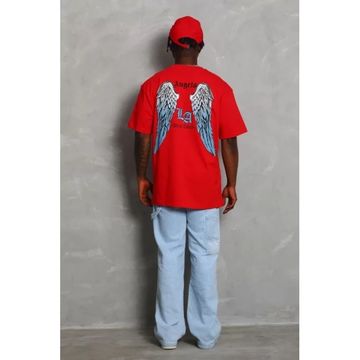 Biçomi Unisex Oversize Baskılı Bisiklet Yaka T-Shirt - Kırmızı