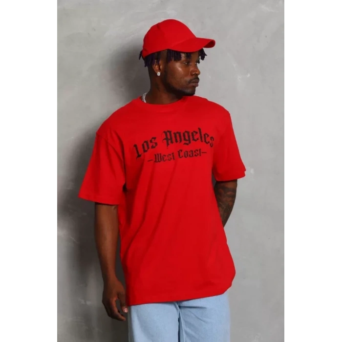 Biçomi Unisex Oversize Baskılı Bisiklet Yaka T-Shirt - Kırmızı