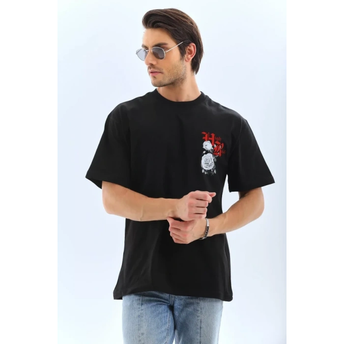 Biçomi Unisex Oversize Baskılı Bisiklet Yaka T-Shirt - Siyah