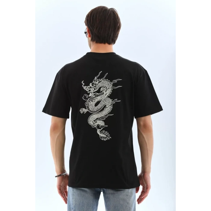Biçomi Unisex Oversize Baskılı Bisiklet Yaka T-Shirt - Siyah