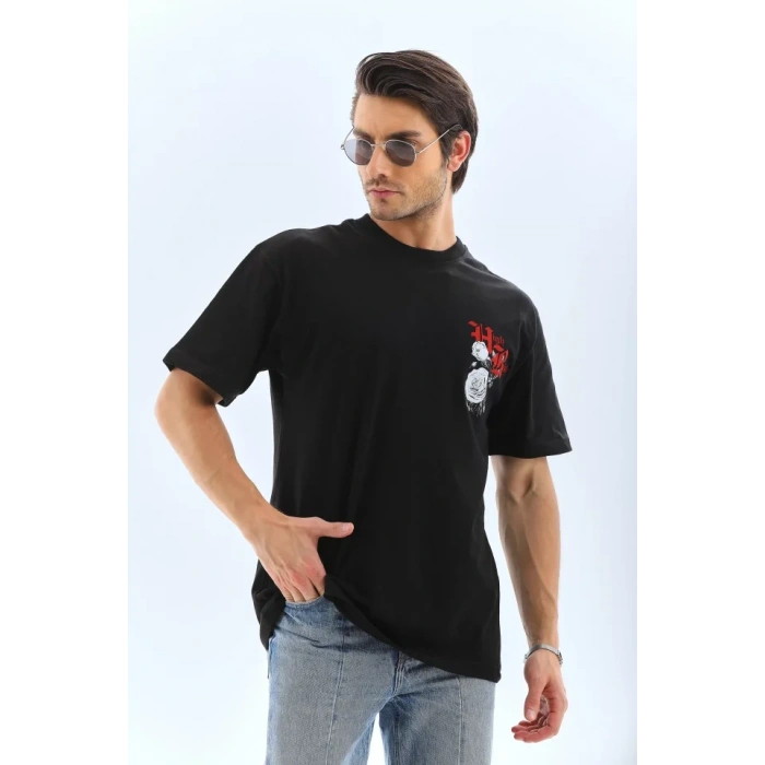Biçomi Unisex Oversize Baskılı Bisiklet Yaka T-Shirt - Siyah