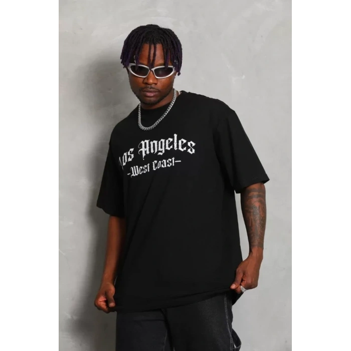 Biçomi Unisex Oversize Baskılı Bisiklet Yaka T-Shirt - Siyah