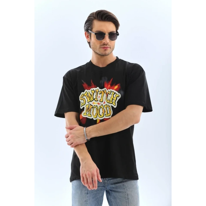 Biçomi Unisex Oversize Baskılı Bisiklet Yaka T-Shirt - Siyah