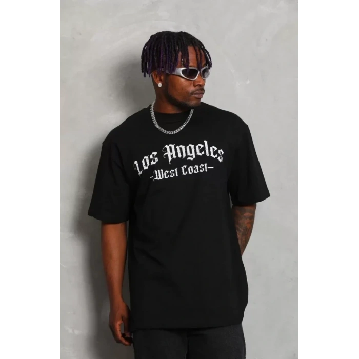 Biçomi Unisex Oversize Baskılı Bisiklet Yaka T-Shirt - Siyah