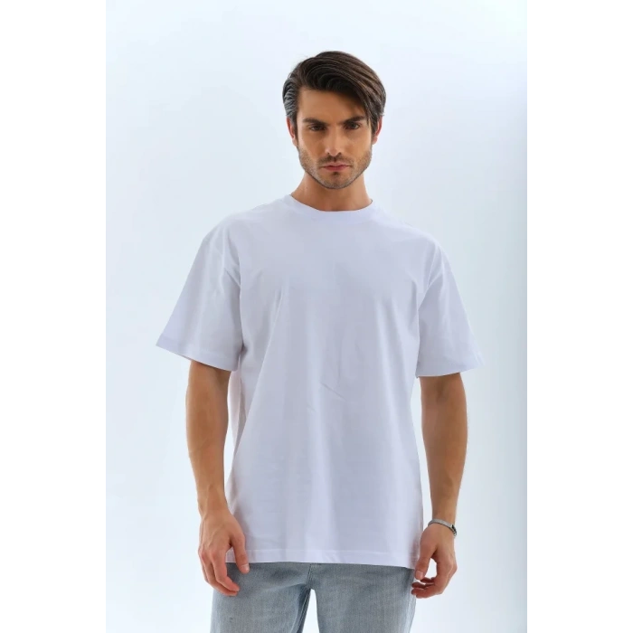 Biçomi Unisex Oversize Düz Bisiklet Yaka T-Shirt - Beyaz