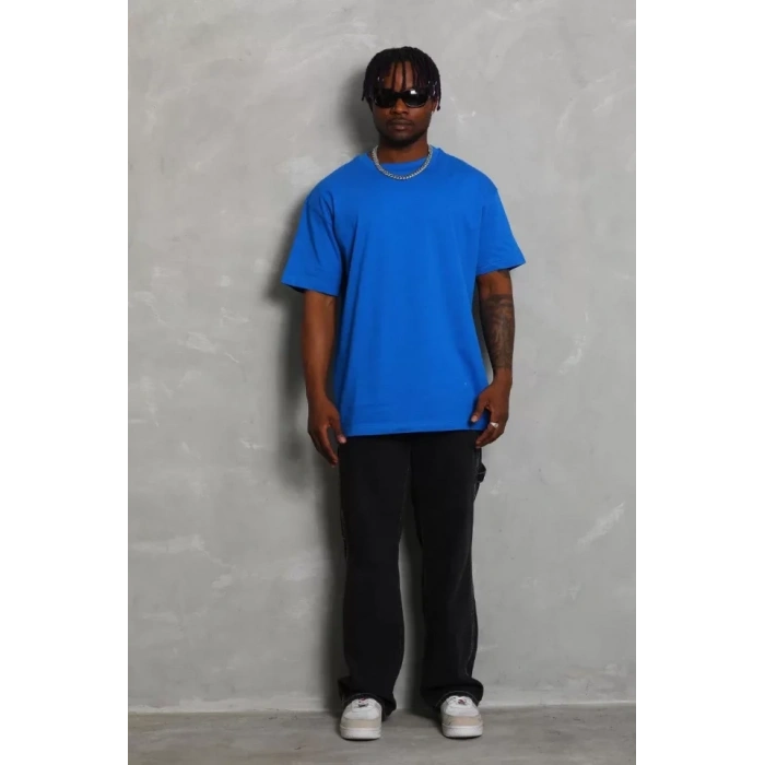 Biçomi Unisex Oversize Düz Bisiklet Yaka T-Shirt - Mavi