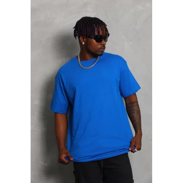 Biçomi Unisex Oversize Düz Bisiklet Yaka T-Shirt - Mavi