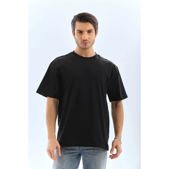 Biçomi Unisex Oversize Düz Bisiklet Yaka T-Shirt - Siyah