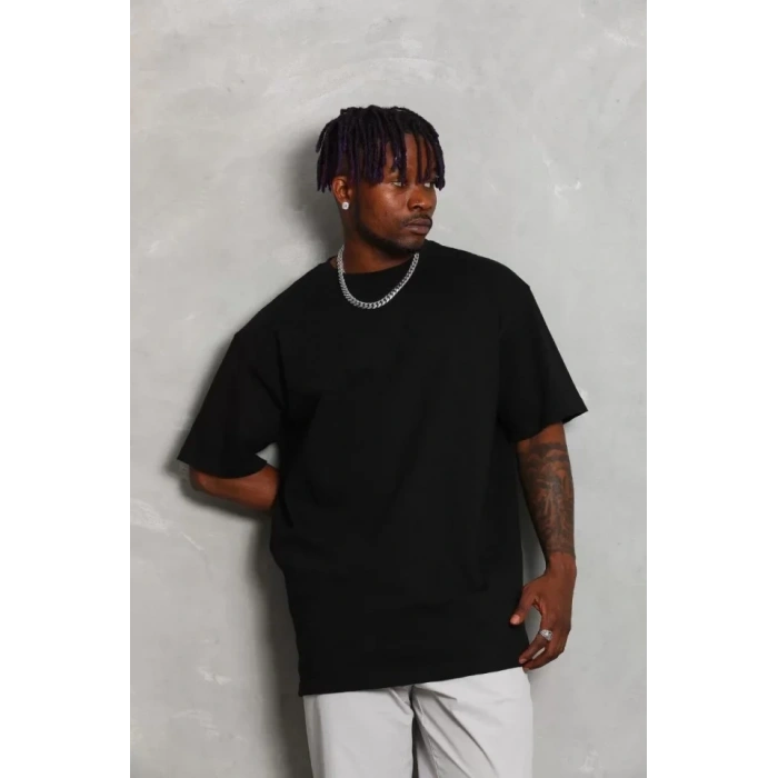 Biçomi Unisex Oversize Düz Bisiklet Yaka T-Shirt - Siyah