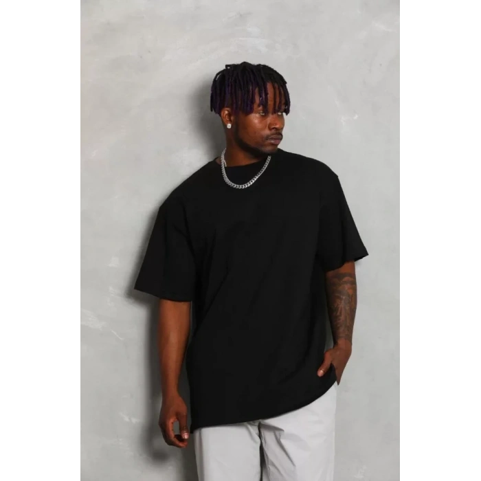 Biçomi Unisex Oversize Düz Bisiklet Yaka T-Shirt - Siyah