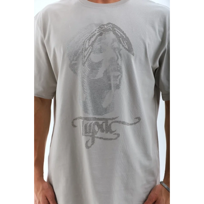Biçomi Unisex Oversize Taşlı Bisiklet Yaka T-Shirt - Gri