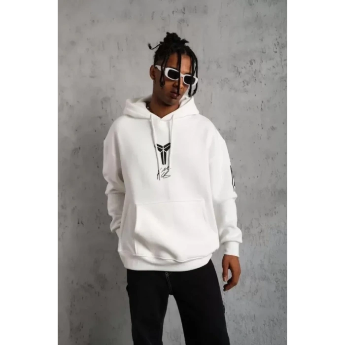 Biçomi Unisex Sırt Baskılı Kapüşonlu Üç İplik Oversize Sweatshirt - Beyaz