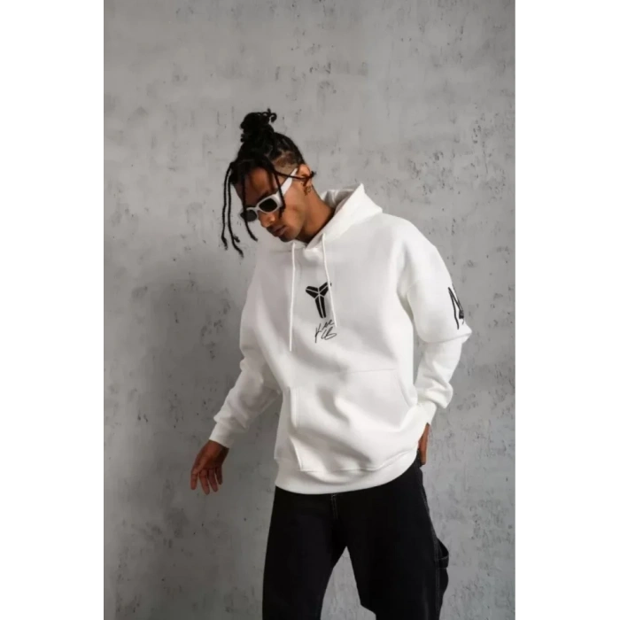 Biçomi Unisex Sırt Baskılı Kapüşonlu Üç İplik Oversize Sweatshirt - Beyaz