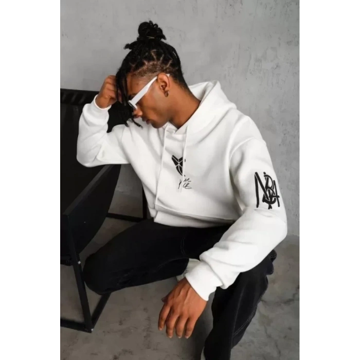 Biçomi Unisex Sırt Baskılı Kapüşonlu Üç İplik Oversize Sweatshirt - Beyaz